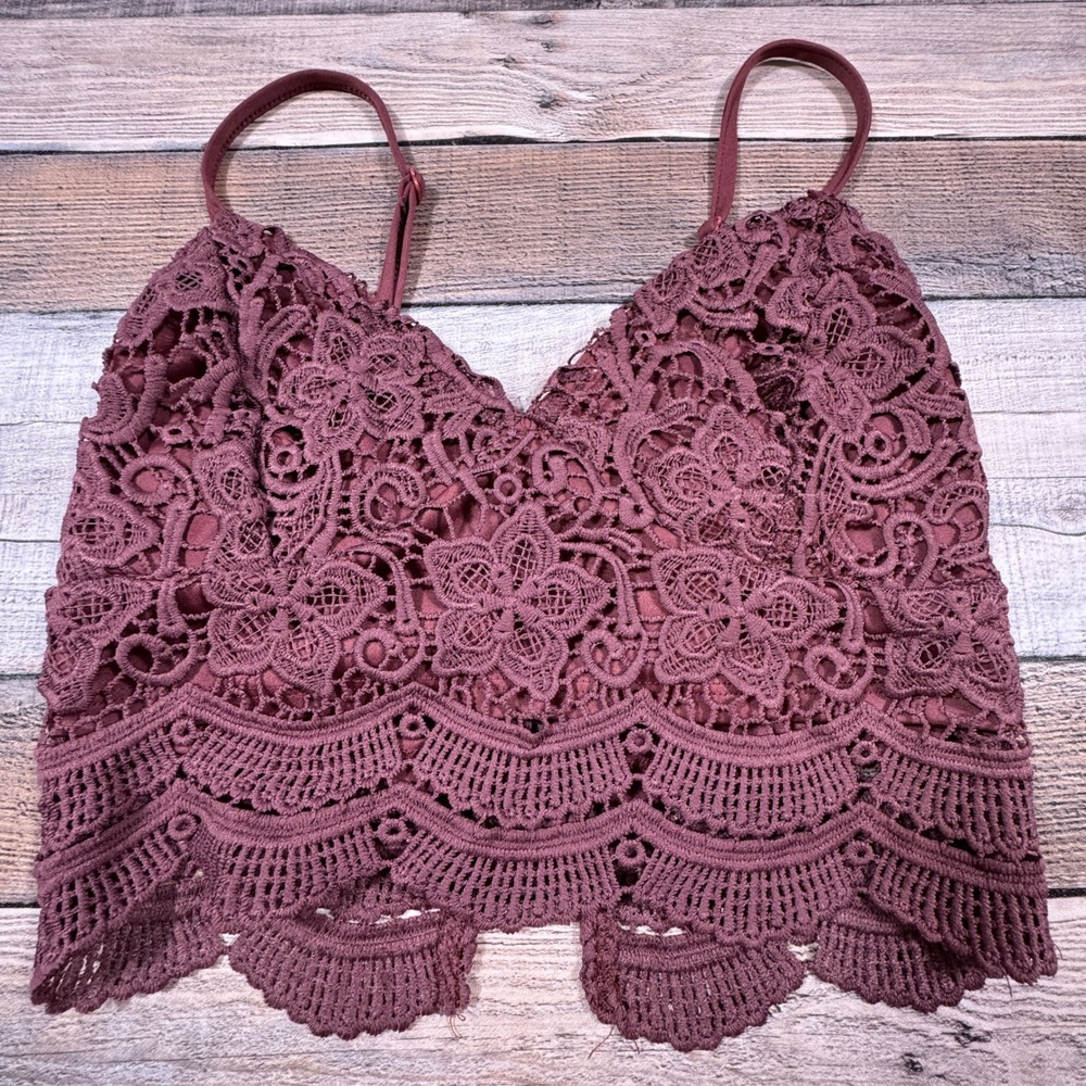 LA Hearts Women Floral Lace Bralette Maroon Wine Crochet Crop Top Small RN090233